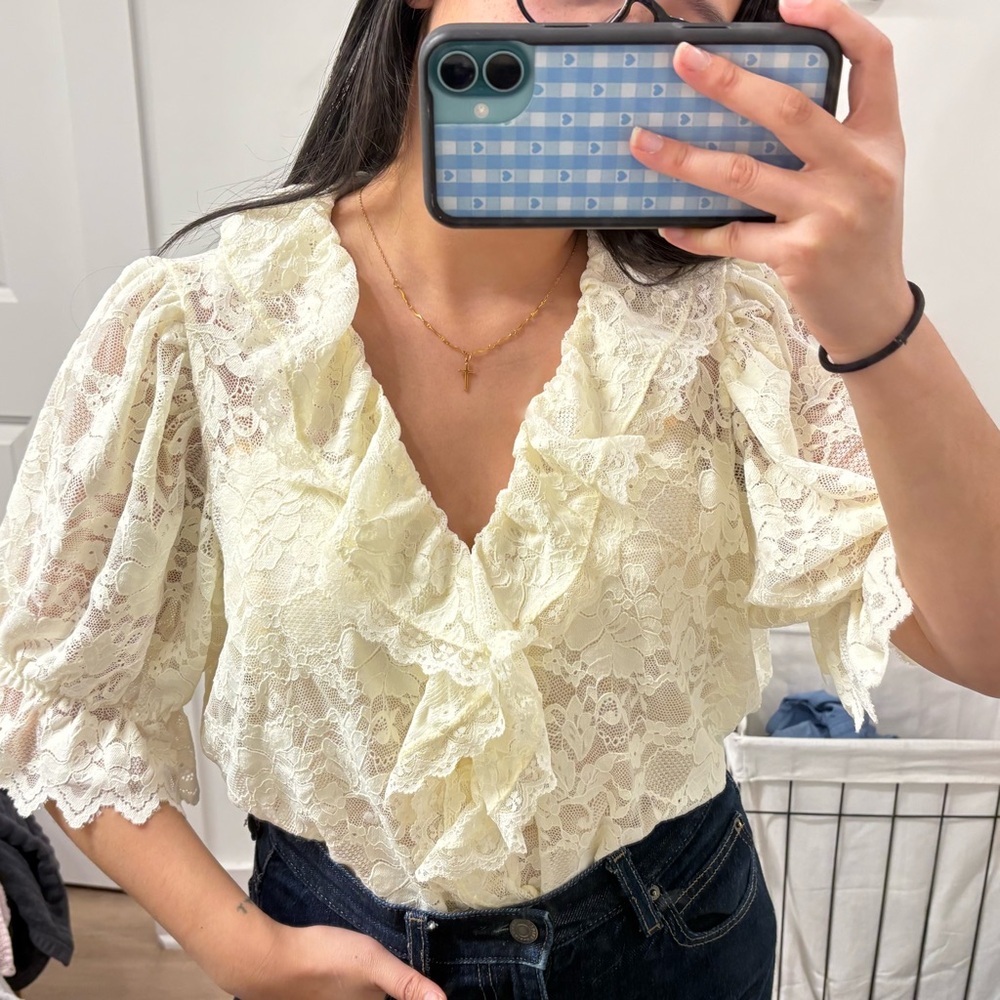 Ultra Pink Lace Ruffle Puff Sleeve Blouse